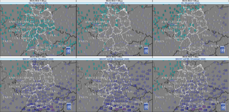 Temperaturentwicklung Sonntag (04.01.) bis Dienstag (06.01.), oben: Höchstwerte des Tages, unten: Tiefstwerte in der Nacht zum Folgetag (Quelle:DWD)
