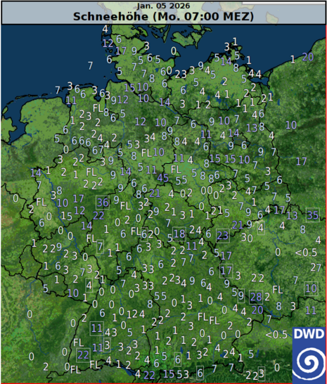 Abbildung 1: Gemessene Schneehöhen am Montag, 05.01.2026, 7 Uhr (MEZ)