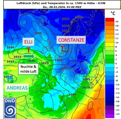 Luftdruck am Boden (schwarze Linien) und Temperatur in etwa 1500 m Höhe (Farbfläche) für Donnerstag, 08.01.2026, 01:00 Uhr (ICON).