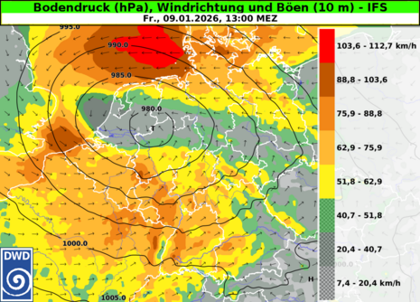 Windgeschwindigkeit (Böen, 10 m, Farbfläche), Windrichtung (Pfeile) und Luftdruck am Boden (schwarze Linien) für Freitag, 09.01.2026, 13:00 Uhr (IFS).