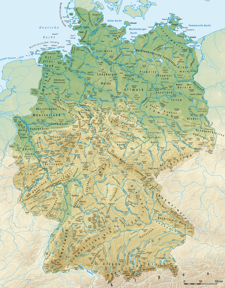 Geografie Deutschlands mit Gebietsbezeichnungen und Mittelgebirgszügen (Quelle:https://upload.wikimedia.org/wikipedia/commons/7/7f/Deutschland_Landschaften.png )