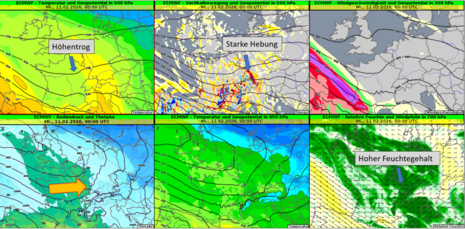 Wetterlage für Mittwoch, den 11.02.2026 um 00 UTC. Ein Randtrog sorgt für starke Hebung über dem Südwesten. Gleichzeitig werden sehr milde Luftmassen mit einem hohen Feuchtegehalt herangeführt.