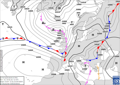 Vorhersagekarte Bodendruck für Tulpensonntag, 15.02.2026