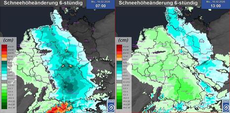 6-stündige Schneehöhenänderung für Rosenmontag, 16.02.2026 7 Uhr und 13 Uhr