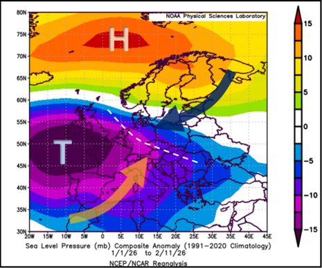 Das Bild zeigt eine Anomaliekarte der Druckverteilung über Europa vom 01.01.2026 bis 11.02.2026.