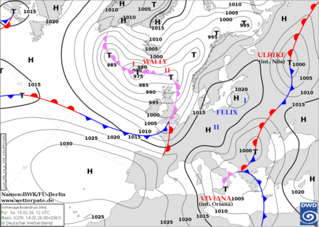 Vorhersagekarte für Sonntag, den 15.02.2026 um 12 UTC. Deutschland liegt unter Zwischenhocheinfluss. Die teilokkludierte Front von TIEF WALLY verlagert sich von Frankreich in den äußersten Südwesten des Landes.