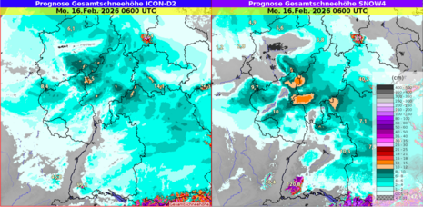 Prognostizierte Schneehöhen bis Montagfrüh um 06 UTC. Vor allem im Bereich der zentral-westlichen Mittelgebirge werden hohe Neuschneesummen berechnet. Teils sind um 15 cm möglich.