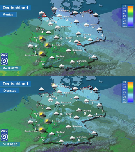 Wettervorhersage für Rosenmontag und Faschingsdienstag. Wechselhaftes Wetter steht uns bevor. Dabei treten immer wieder kräftige Schauer auf. Die im Südwesten in den Niederungen meist als Regen, im Nordosten und im höheren Bergland als Schnee fallen.