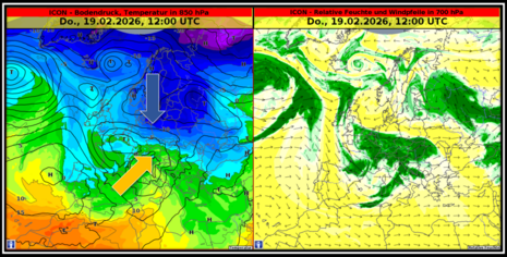 Wetterlage über Europa am Donnerstag, den 19.02.2026 um 12 UTC. Eine Luftmassengrenze erstreckt sich über Deutschland. Diese trennt kalte Polarluft im Norden und Nordosten von milder Atlantikluft im Südwesten.
