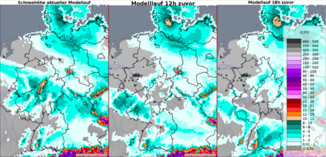 Prognostizierten Schneehöhen für Donnerstagmorgen, basierend auf den letzten Modellläufen. Im Bereich der westlichen Mittelgebirge von der Eifel über dem Hunsrück bis zum Taunus werden die höchsten Neuschneemengen simuliert.