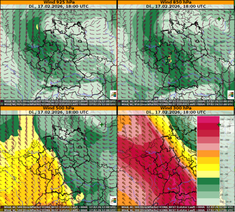 Horizontale Wind-Verteilung am gestrigen Dienstag um 18:00 Uhr UTC über Deutschland, auf den Druckhöhen 925, 850, 500, und 300 hPa. Windböen sind farblich unterlegt, die Windfiedern zeigen den Mittelwind. Die Grafiken basieren auf Modellvorhersagen des de