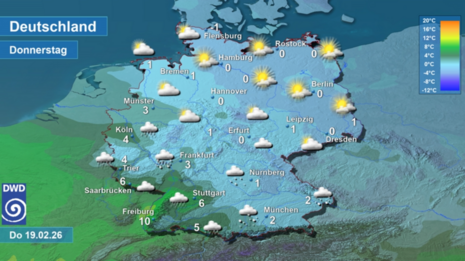 Wettervorhersage sowie Vorhersage der Tageshöchsttemperaturen in Deutschland am heutigen Donnerstag, den 19.02.2026