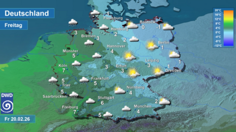 Wettervorhersage sowie Vorhersage der Tageshöchsttemperaturen in Deutschland am morgigen Freitag, den 20.02.2026