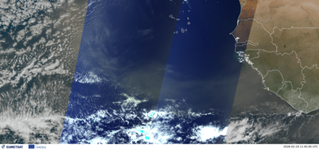 MTG-I1 Satellitenbild am gestrigen Donnerstag (19.02.2026). Überlagert sind die Messungen aus den Überflügen der Sentinel 3A und B Satelliten. (Quelle: EUMETSAT)