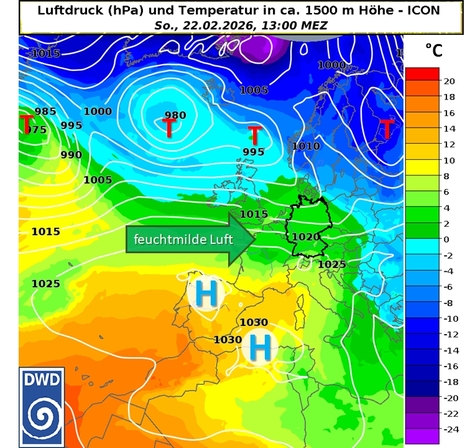 Prognose (ICON) des Luftdrucks am Boden (weiße Linien) und der Temperatur in etwa 1500 m Höhe (Farbfläche) für Sonntag, den 22.02.2026, 13 Uhr. (Quelle: DWD)