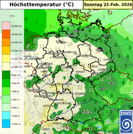 Prognose der Höchsttemperatur für Sonntag, den 22.02.2026. (Quelle: DWD)