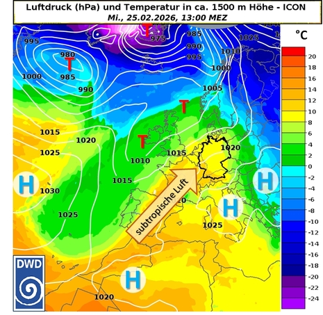 Prognose (ICON) des Luftdrucks am Boden (weiße Linien) und der Temperatur in etwa 1500 m Höhe (Farbfläche) für Mittwoch, den 25.02.2026, 13 Uhr. (Quelle: DWD)