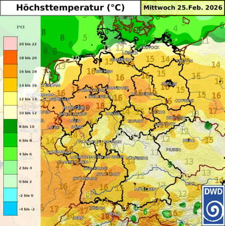 Prognose der Höchsttemperatur für Mittwoch, den 25.02.2026. (Quelle: DWD)
