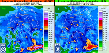 Prognose (links ICON, rechts IFS) des akkumulierten Niederschlags bis Dienstag, den 24.02.2026, 19 Uhr. (Quelle: DWD)