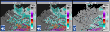 Änderung der Schneehöhe über Deutschland von Freitag, den 20.02.2026 bis Sonntag, den 22.02.2026. Flächige Darstellung aus dem SNOW-Modell, Einzelwerte aus dem Bodenmessnetz. (Quelle: DWD)