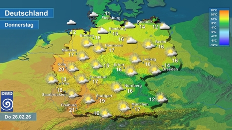 Wetter- und Temperaturkarte, am Donnerstag 26.02.2026 (Quelle:DWD)