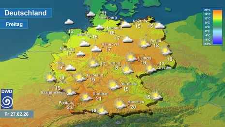 Wetter- und Temperaturkarte, am Freitag 27.02.2026 (Quelle:DWD)
