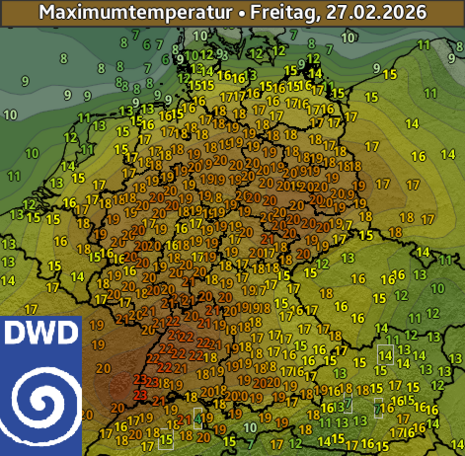 Höchstwerte der 2m-Temperatur für Freitag den 27.02.2026 (Prognose) (Quelle:DWD)