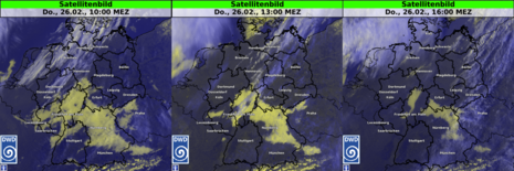 Drei Satellitenbilder vom 26.02.2026 im Abstand von 3 Stunden (Quelle:DWD)