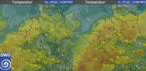 Mittagstemperaturen am 26. und 27.02.2026 (Quelle:DWD)