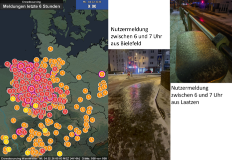 Nutzermeldungen aufgrund von Glätte aus der WarnWetterApp aus dem Nordwesten Deutschlands. Quelle: Deutscher Wetterdienst