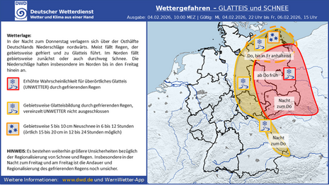 Übersicht über potenziell betroffene Gebiete durch Glatteis und mäßigen Schneefall. Quelle: Deutscher Wetterdienst