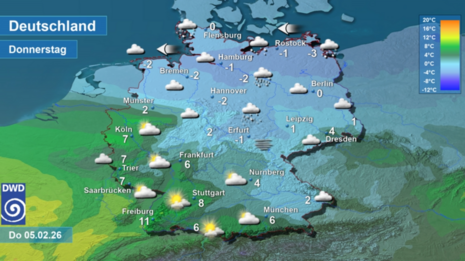 Wettervorhersage sowie Vorhersage der Tageshöchsttemperaturen in Deutschland am heutigen Donnerstag, den 05.02.2026
