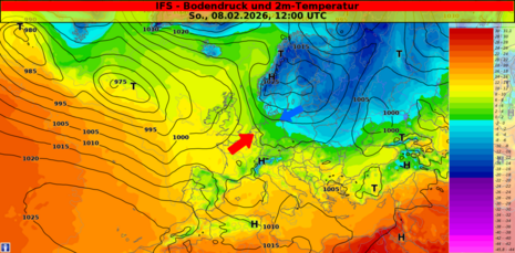 IFS-Vorhersage der Wetterlage am Sonntag den 08.02.2026 mittags. Temperatur und Bodendruck. Die Temperatur zeigt eine weite Spanne von über 10 °C im Westen und um 0 °C im Nordosten von Deutschland.