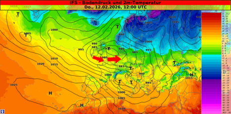 IFS-Vorhersage der Wetterlage am Donnerstag den 08.02.2026 mittags. Temperatur und Bodendruck. Die Kaltluft wird laut dieser Vorhersage durch ein atlantisches Tief auch im Norden ausgeräumt.