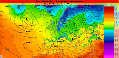 IFS-Vorhersage der Wetterlage am Samstag den 14.02.2026 mittags. Temperatur und Bodendruck. Eine Nordströmung führt maritime Polarluft mit Tagestemperaturen knapp über 0 °C heran. Im Bergland herrscht Dauerfrost. Diese Vorhersage ist noch unsicher.