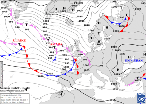 Analysekarte für Dienstag, den 10.02.2026 um 12 UTC. Atlantische Tiefdruckgebiete mit ihren Frontensystemen greifen auf Deutschland über. Quelle: Deutscher Wetterdienst