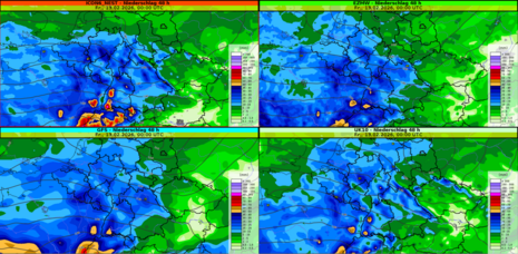 Die simulierten Niederschlagssummen innerhalb von 48 Stunden bis Freitag um 00 UTC. Die grob aufgelösten Vorhersagemodelle simulieren im Schwarzwald teils deutlich über 50 l/qm. Quelle: Deutscher Wetterdienst