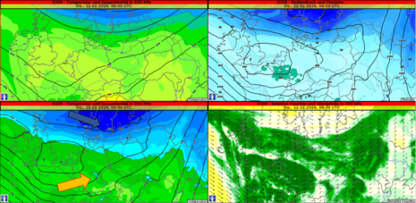 Diese Grafik zeigt die Wetterlage am Donnerstag, den 12.02.2026 um 06 UTC. Die Frontalzone befindet sich über dem äußersten Norden des Landes. Dies trennt sehr milde Luft subtropischen Ursprungs im Süden von arktischer Kaltluft im Norden. Quelle: Deutsche