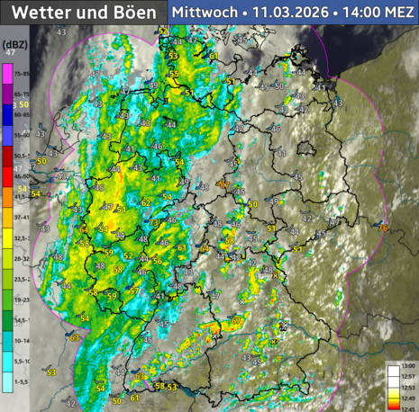 Während es im Westen schon regnet, scheint über dem Osten noch verbreitet die Sonne. Über dem Süden haben sich derweil erste Gewitter entwickelt.