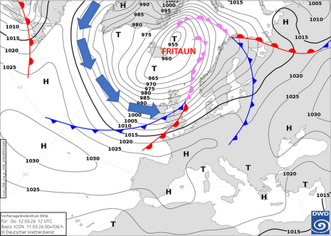 Fronten- und Bodendruckvorhersage für heute, Donnerstag, 12.03.2026 (Basis: ICON-Modelllauf vom 11.03.2026, 00 UTC)