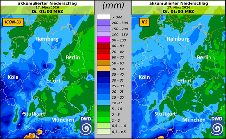 Akkumulierter Niederschlag bis in die Nacht zum Dienstag nach ICON-EU (links) sowie IFS (rechts), Modellläufe jeweils 12.03.2026, 00 UTC