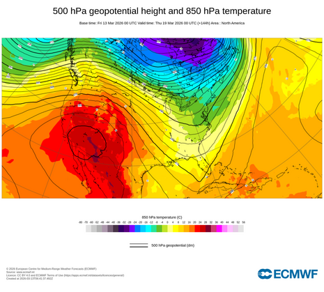 Die Strömung in der mittleren Troposphäre anhand des 500 hPa Geopotenzials, sowie die Temperatur auf 850 hPa, über Nordamerika für den 19. März 2026 um 00 Uhr UTC.  (Quelle: ECMWF)