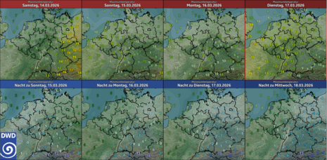 Prognostizierte Höchst- und Tiefsttemperatur von Samstag bis Dienstag (14.-17.03.2026). Quelle: Deutscher Wetterdienst