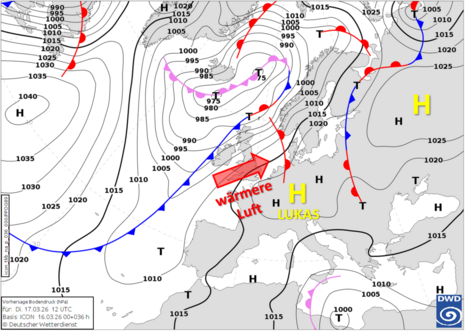 Abbildung 1: Bodendruckverteilung und Fronten am morgigen Dienstag, 17.03.2026, 12 UTC (13 Uhr mitteleuropäische Zeit, MEZ).