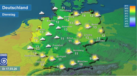 Abbildung 2: Wetter (tagsüber) am morgigen Dienstag, 17.03.2026.