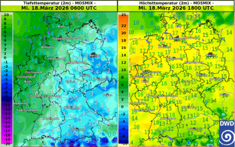 Abbildung 4: Tiefstwerte (links) und Höchstwerte (rechts) der Temperatur am Mittwoch (nach MOSMIX), 18.03.2026.