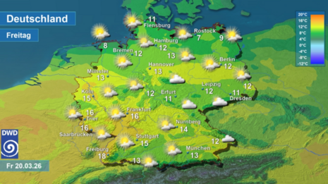 Wettervorhersage sowie Vorhersage der Tageshöchsttemperaturen in Deutschland am morgigen Freitag, den 20.03.2026
