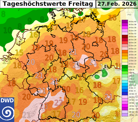 Tageshöchstwerte am vergangenen Freitag (27. Februar 2026) in Deutschland in Grad Celsius. Quelle: Deutscher Wetterdienst