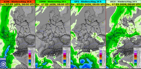 Vorhersage der 24-stündigen Niederschlagsmengen von Freitagmorgen, den 06. März 2026 06 UTC, bis Samstagmorgen, den 07. März 2026, 06 UTC von vier verschiedenen Wettermodellen. Von links nach rechts: ICON (deutsches Modell), EZMW (europäisches Modell), GF