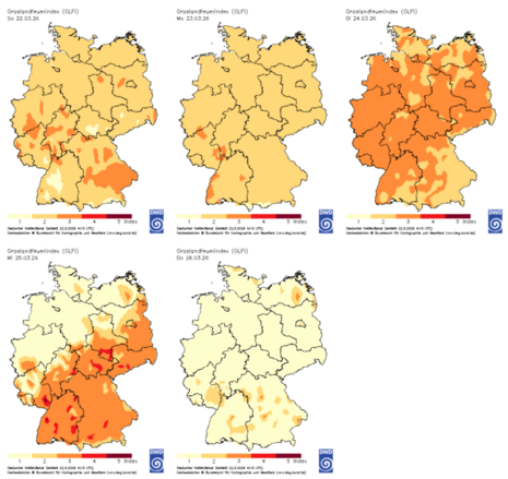 Der Graslandfeuerindex zeigt ebenso wie der Waldbrandindex ein ansteigendes Feuerrisiko, das erst zum Donnerstag wieder absinkt.
